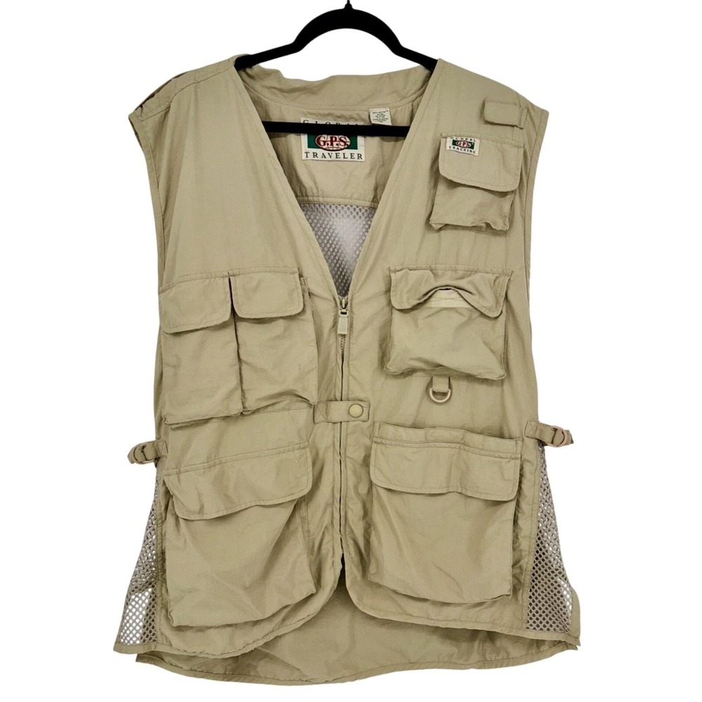 Global Tracking System Men's‎ Vest XL Tan Hunting Fishing Hiking Pockets Vented